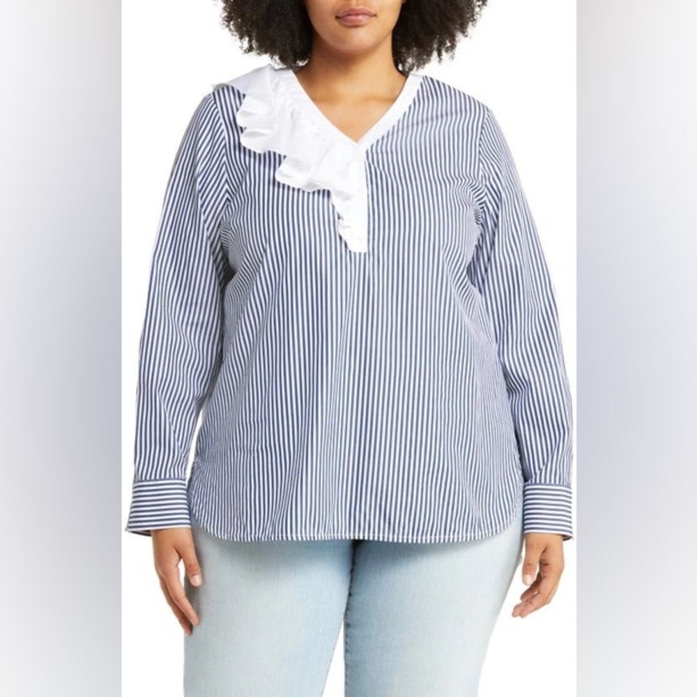 Harshman Navy and White Vivienne Stripe Popover Tunic Blouse Size 2X